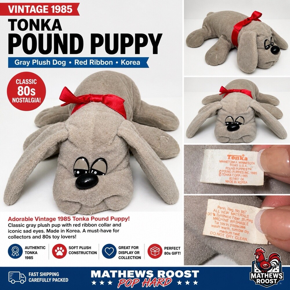 Vintage 1985 Tonka Pound Puppy Gray Plush Dog Red Ribbon Korea Stuffed Toy